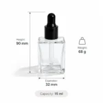 15ml kozmetik serum şişesi ölçüleri ve hacim referansı, 32 × 90 mm genel boyut