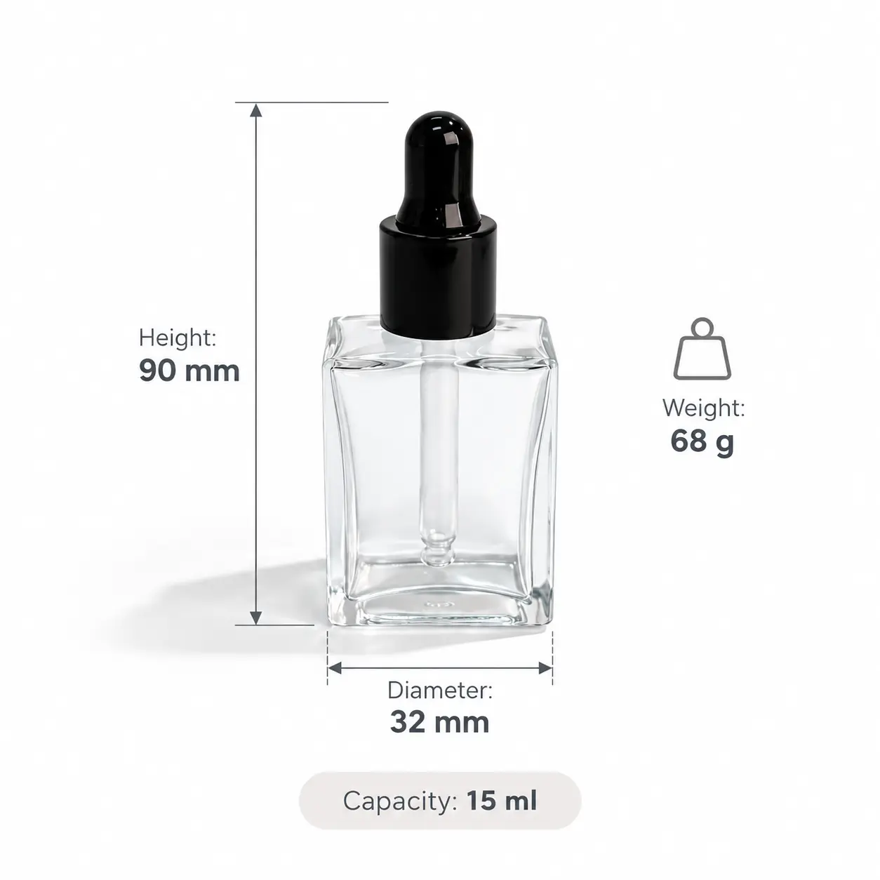 15ml Kozmetik Serum Şişesi Ölçüleri ve Hacmi 15ml kozmetik serum şişesi ölçüleri ve hacim referansı, 32 × 90 mm genel boyut