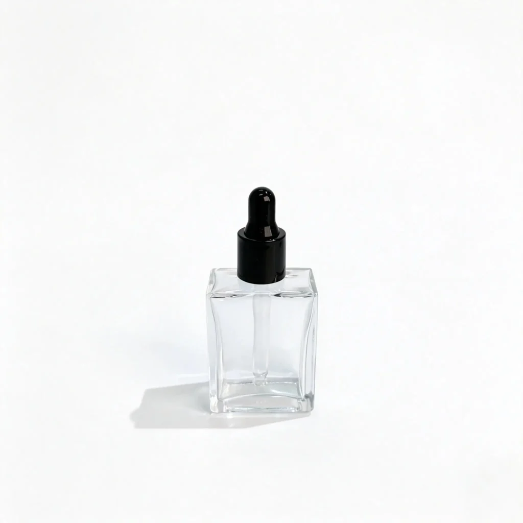 15ml kozmetik serum şişesinin monte edilmiş kapak ve kapatma bileşenleriyle önden görünümü