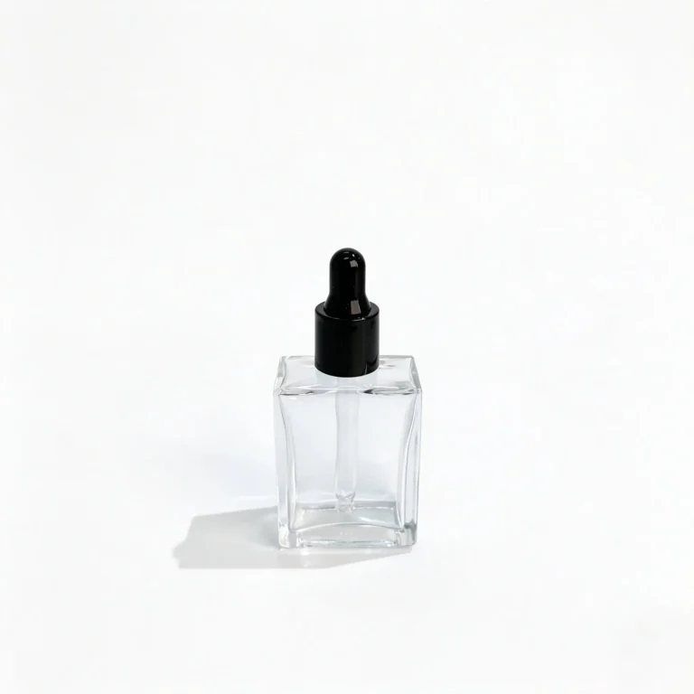 15ml cosmetic serum bottle shown from the front with assembled cap and closure components