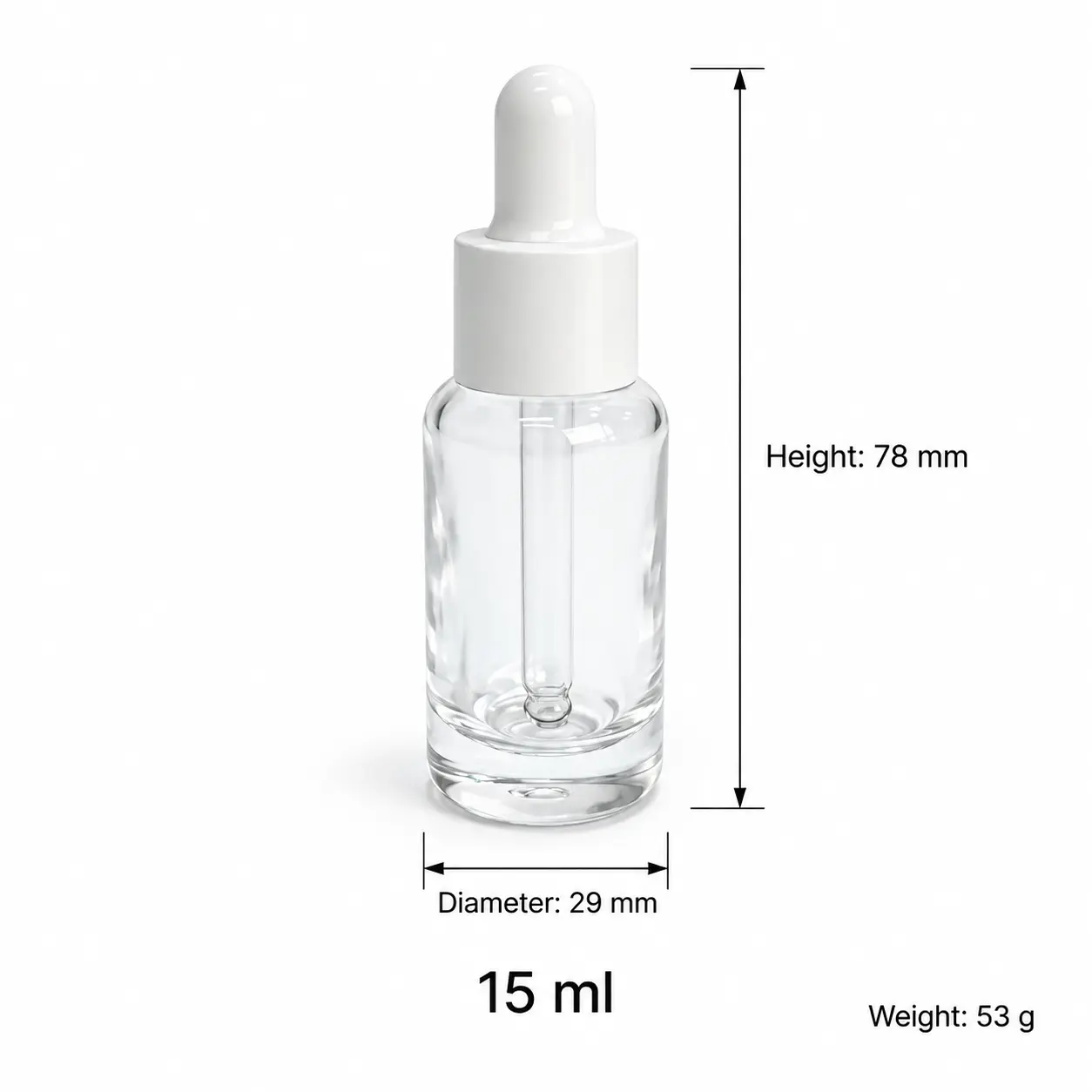 15ml dimensioni del flacone in vetro per siero con indicazione della dimensione complessiva fornita, 55 mm altezza del flacone senza chiusura e 53 g peso