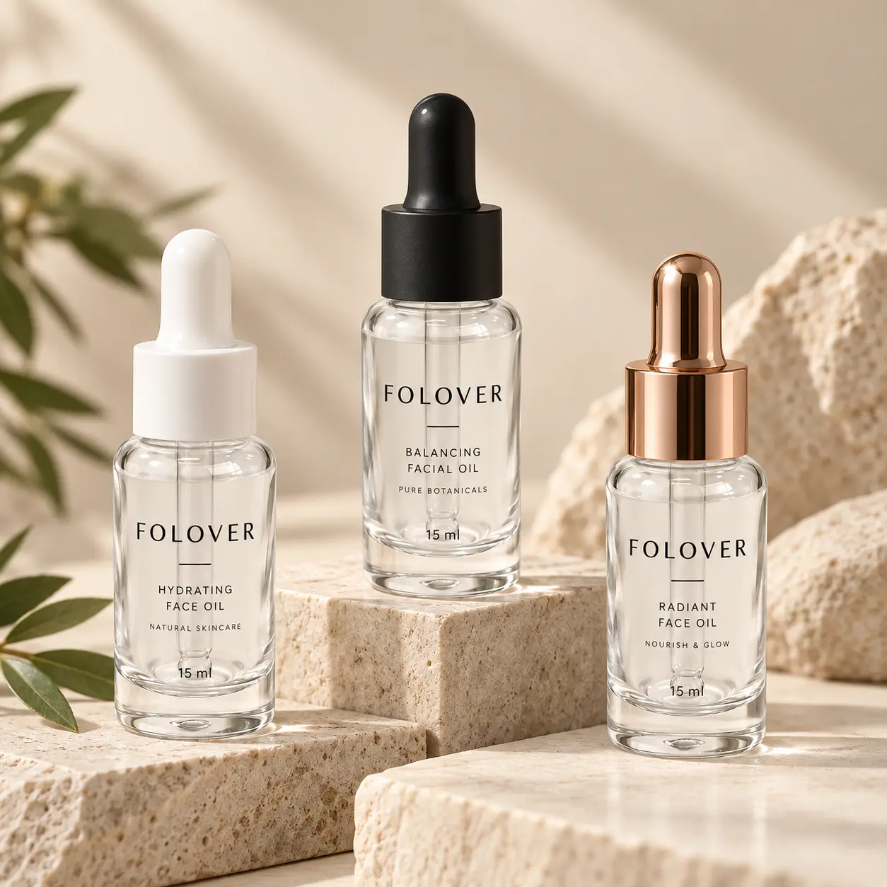 15ml flaconi in vetro per siero che mostrano varianti di stampa e decorazione a colore come riferimento per il packaging skincare personalizzato
