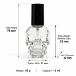 Dimension diagram of a 15ml skull-shaped glass nail polish bottle showing bottle measurements and capacity.
