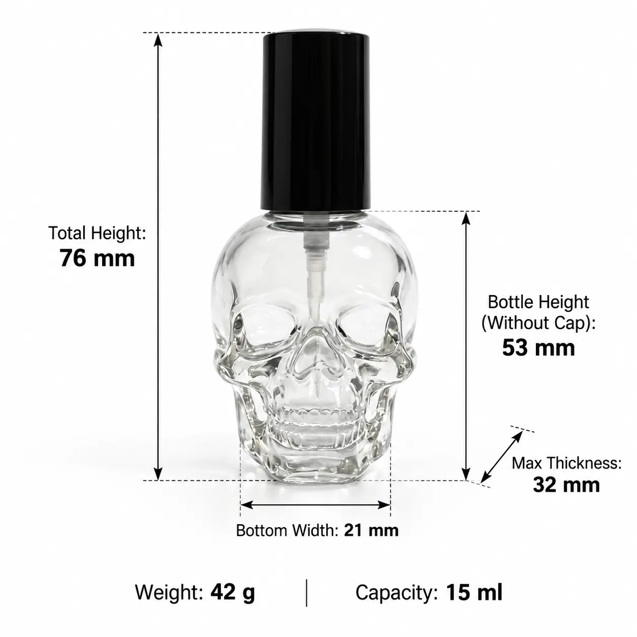 15ml Sticlă de ojă din sticlă în formă de craniu – Dimensiuni și capacitate Diagramă dimensională a sticlei de ojă din sticlă în formă de craniu 15ml, care arată 21 × 32 × 76 mm dimensiunile generale și 53 mm înălțimea sticlei fără capac.