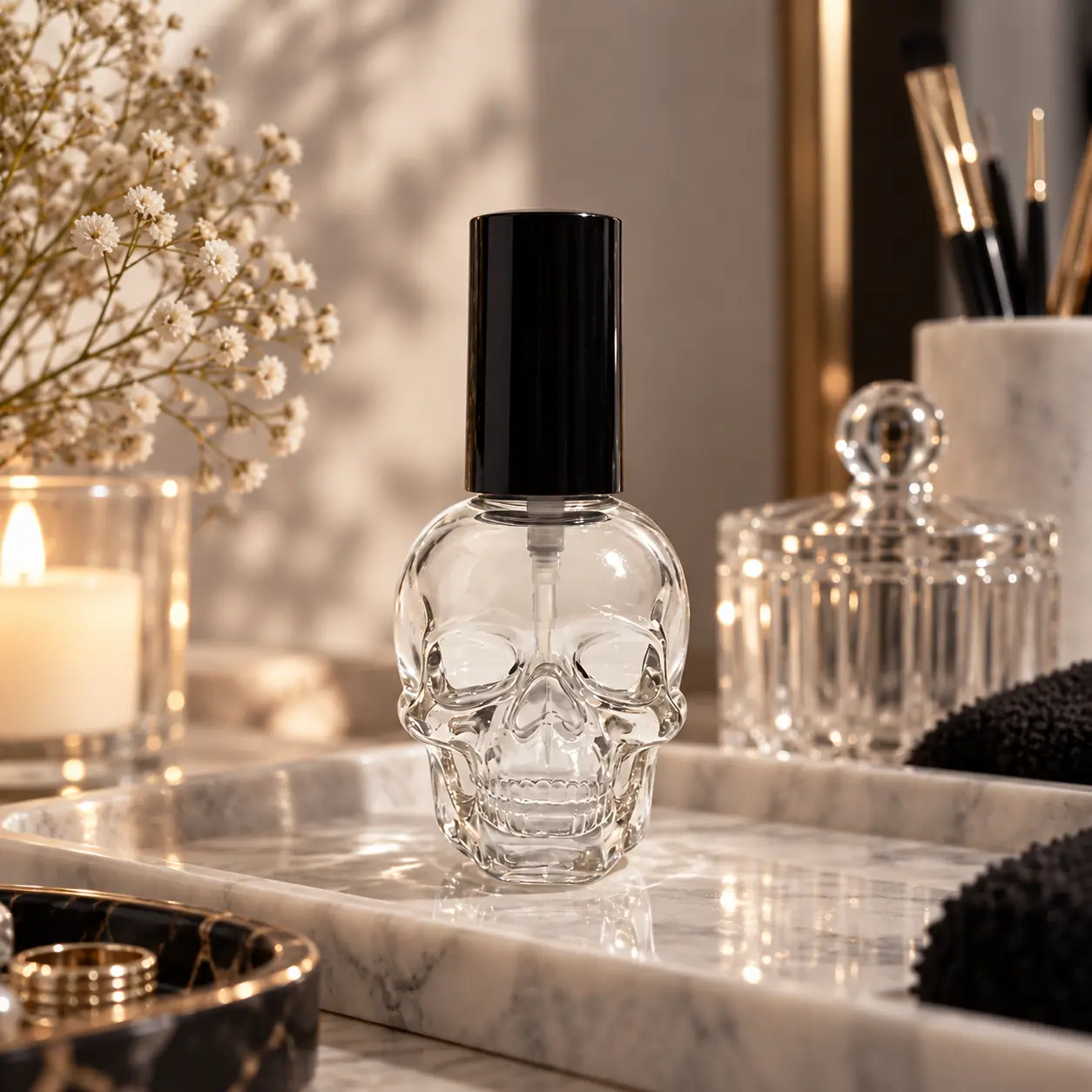 15ml Sticlă de ojă din sticlă în formă de craniu – Prezentare produs Sticlă de ojă din sticlă în formă de craniu 15ml aranjată într-un cadru de prezentare a produsului pentru prezentarea ambalajului de ojă.