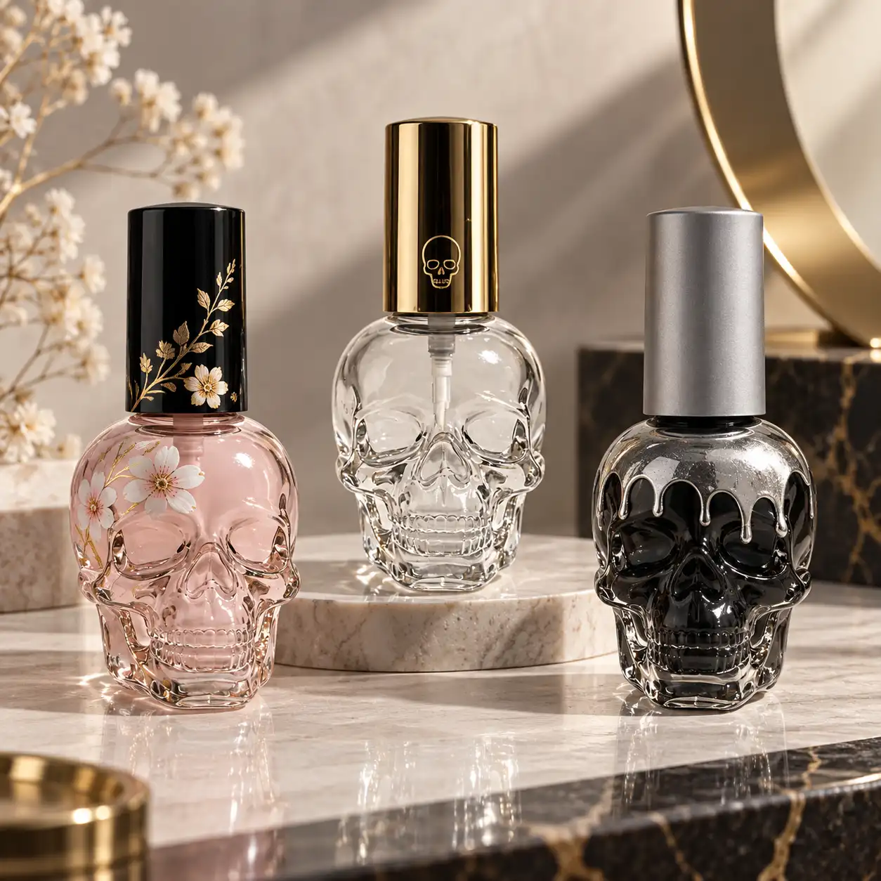 15ml Sticlă de ojă în formă de craniu – Referință pentru imprimare personalizată și culori Referință pentru imprimare personalizată și culori pentru sticlele de ojă din sticlă în formă de craniu, care arată opțiunile decorative de branding.