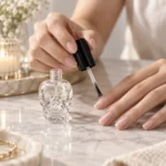 15ml skull-shaped glass nail polish bottle shown in a nail polish application setting.