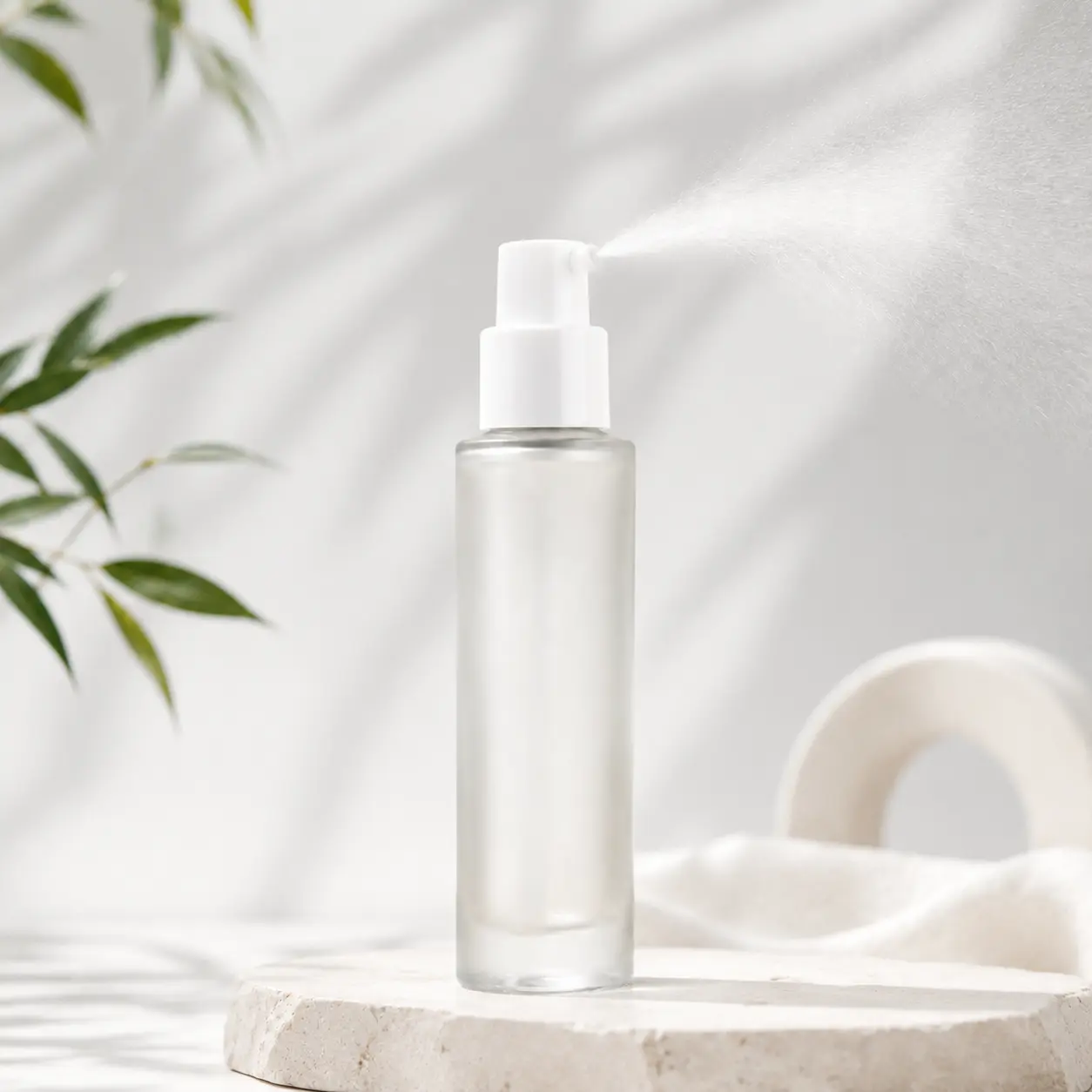 Bomba dosificadora de loción blanca 18/410 ensamblada con envase cosmético en un entorno de producto de cuidado de la piel