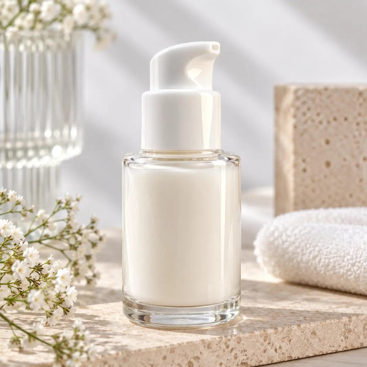 18-410 White Lotion Pump Cosmetic Packaging Scene 18/410 white lotion pump assembled with a cosmetic bottle in a skincare packaging scene