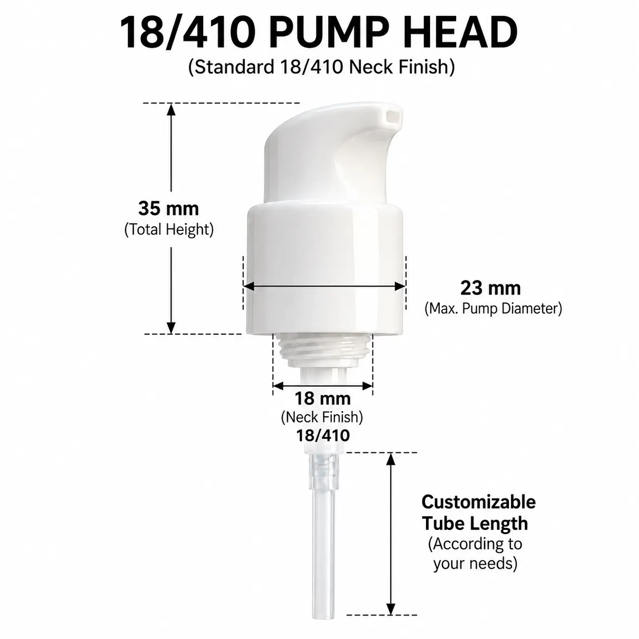 18-410 White Lotion Pump Dimensions 18/410 white lotion pump dimension reference showing the pump height and maximum body diameter