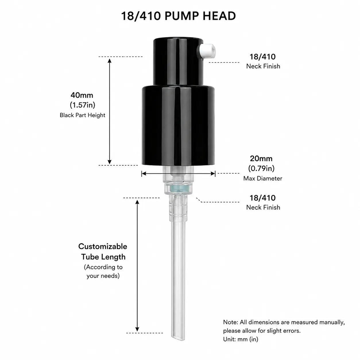 18mm Losyon Pompası Boyutları Yaklaşık 40mm yükseklik ve 20mm çapı gösteren 18mm losyon pompası boyut şeması