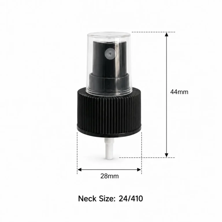 Dimension reference for the 24/410 black fine mist sprayer showing the measured spray pump structure and dip tube