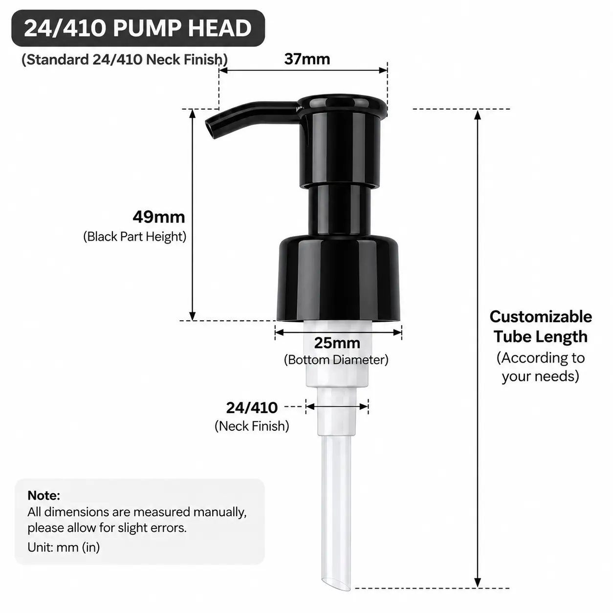 Dimensioni del lotion pump nero 24-410 riferimento dimensionale del lotion pump nero 24/410 che mostra 49 mm di altezza e 25 mm di diametro