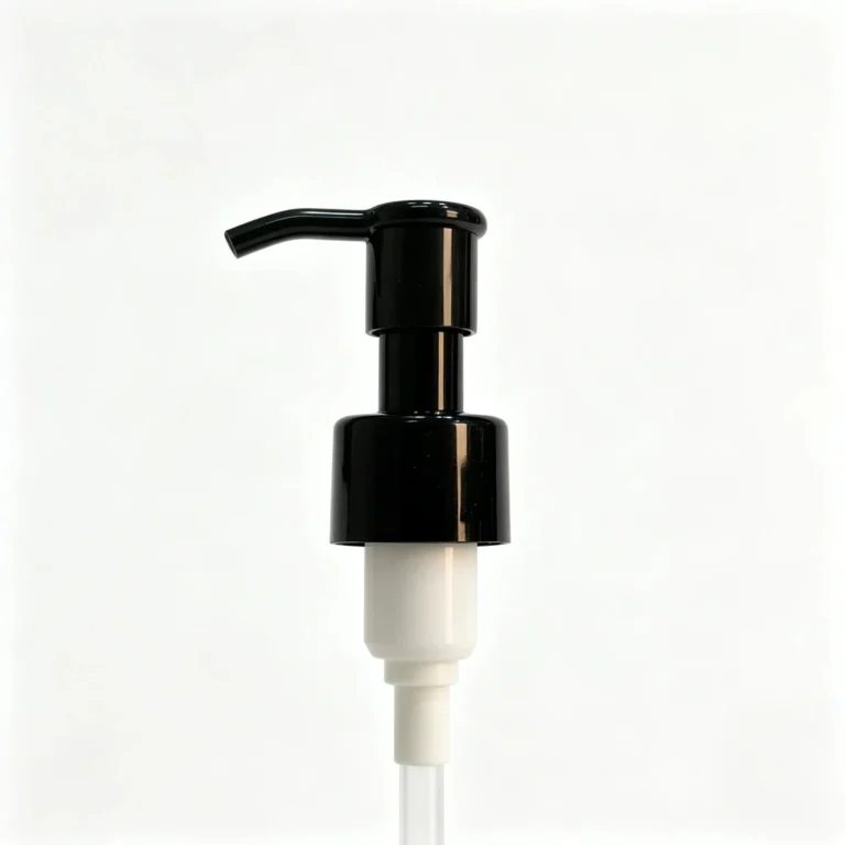 complete black 24/410 lotion pump with actuator pump body and closure structure visible