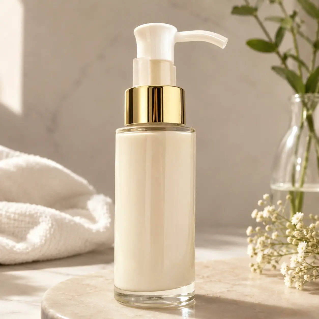 Gold 24/410 lotion pump assembled with a cosmetic bottle for skincare packaging