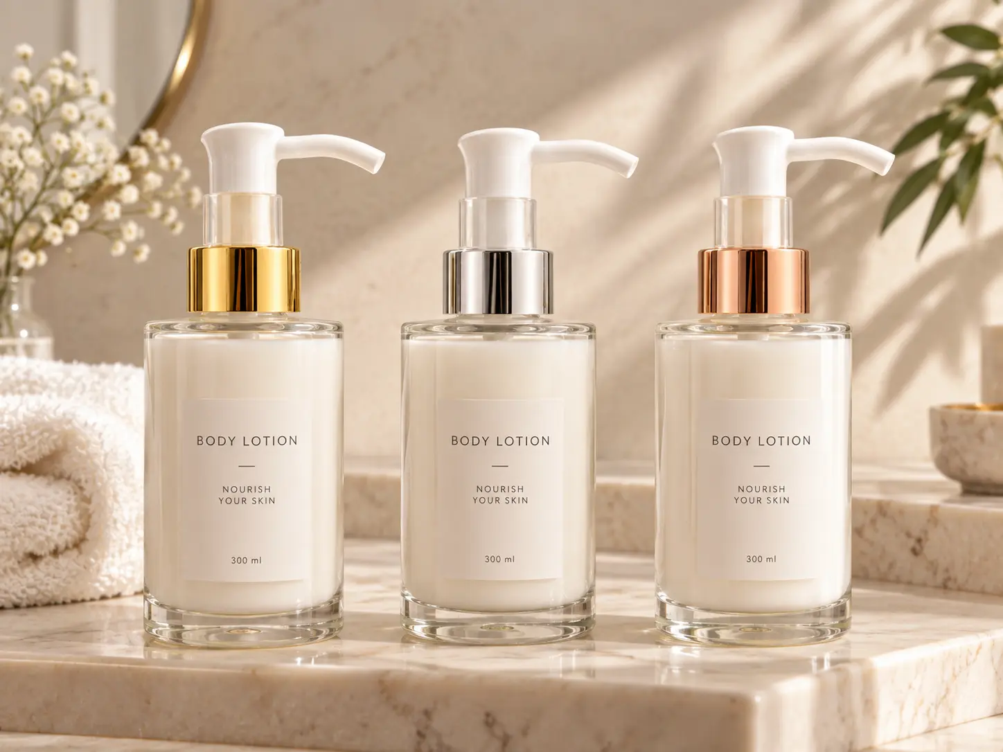 24/410 gold lotion pump shown with customized decoration and color design references