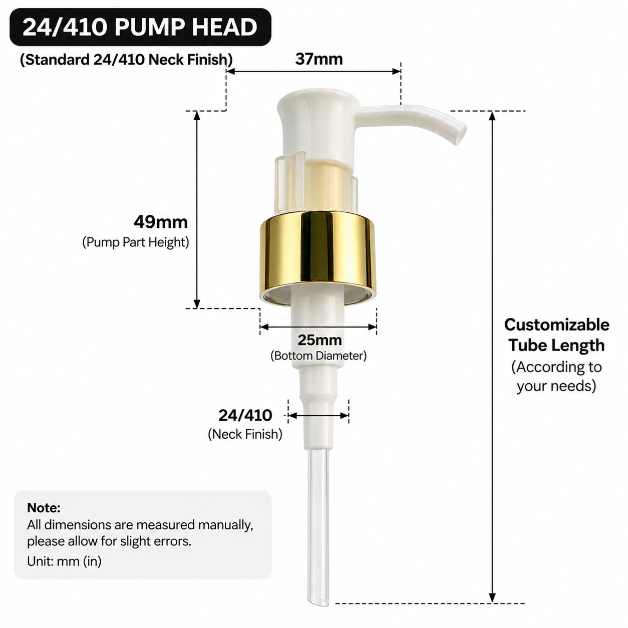 24/410 gold lotion pump dimension view showing 49 mm height and 25 mm diameter