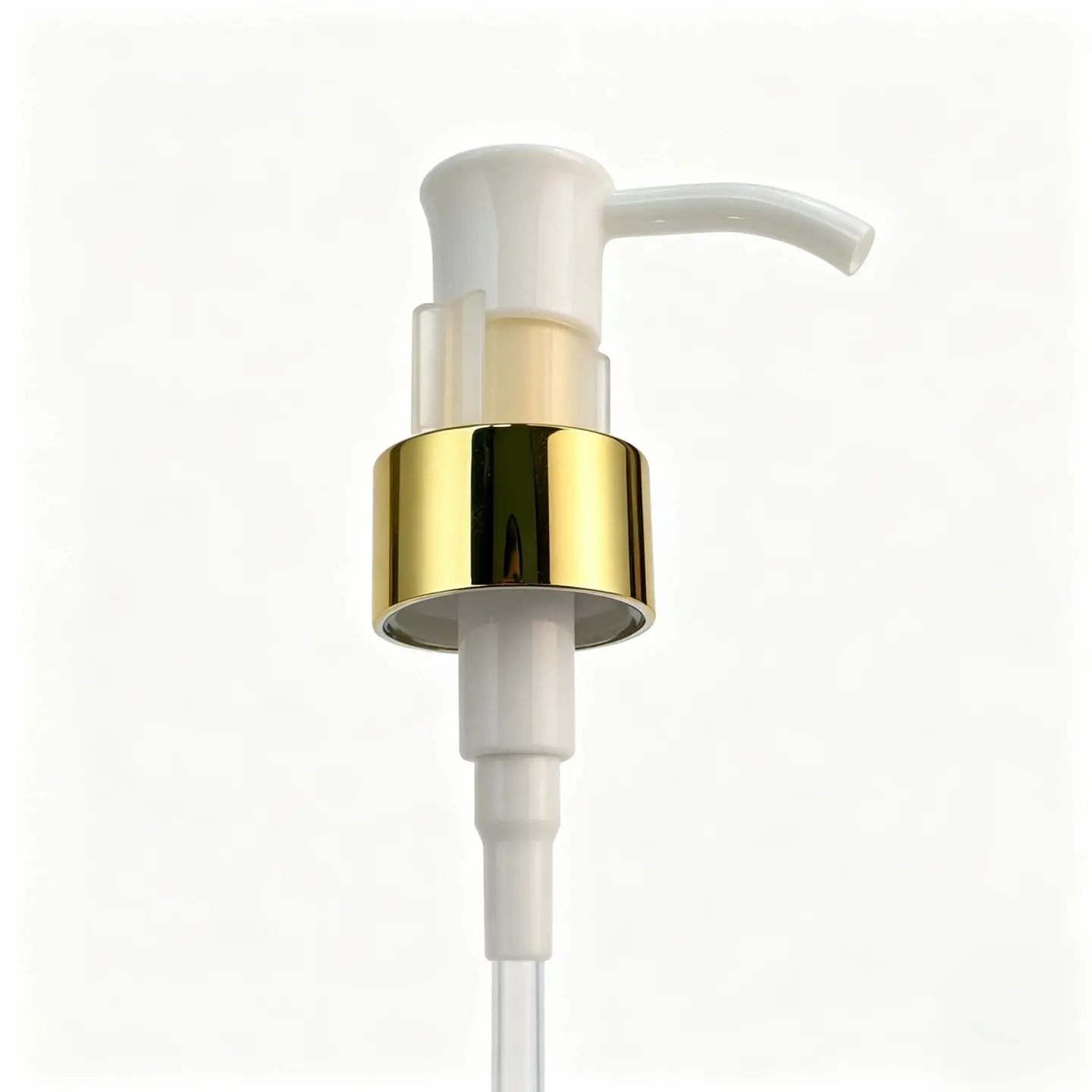 24/410 gold lotion pump front view showing the actuator and dispensing structure