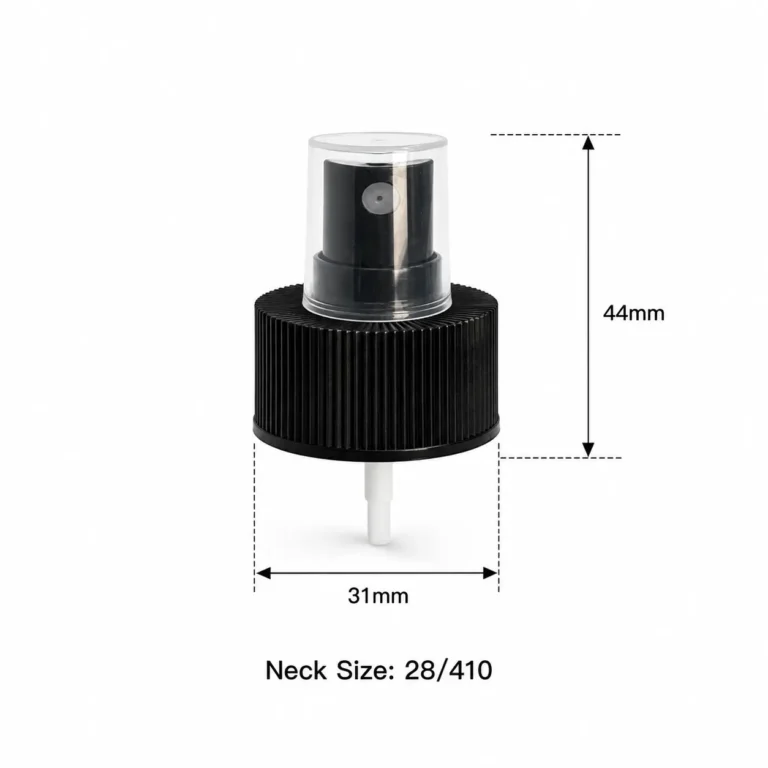 Dimension reference for the 28/410 black fine mist sprayer showing the measured structure of the spray pump
