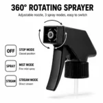 28/410 black long nozzle trigger sprayer function view showing the spray head and operating features