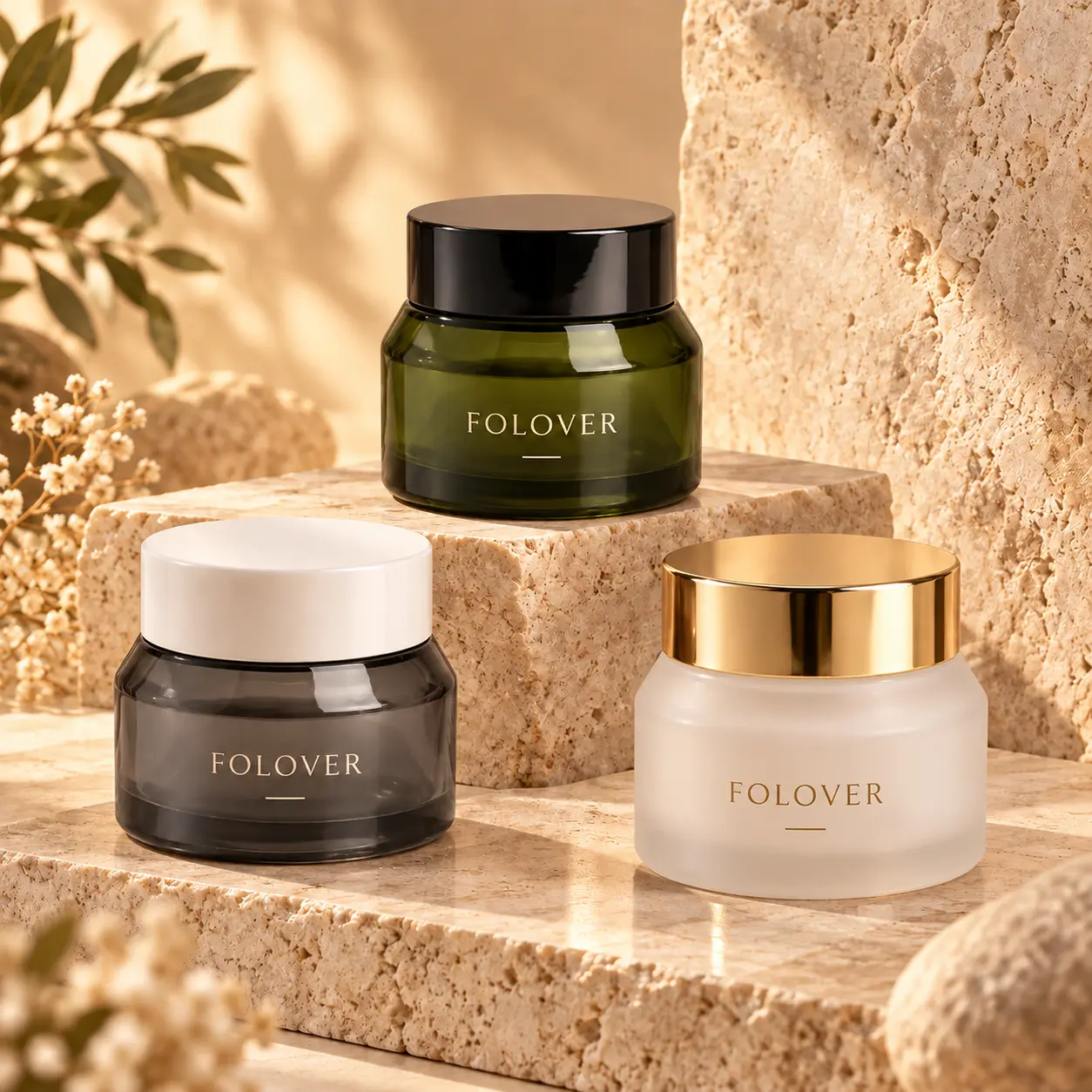 30g Tarro de crema de vidrio ámbar – Referencia de color para impresión personalizada Referencia de impresión personalizada y color para tarros de crema de vidrio ámbar 30g, que muestra conceptos de marca decorativos para el envasado cosmético y de cuidado de la piel.