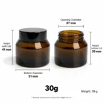 Dimension diagram of the 30g amber glass cream jar showing a 37 mm opening diameter, 51 mm bottom diameter, 41 mm overall height with cap, and 39 mm jar height without cap.