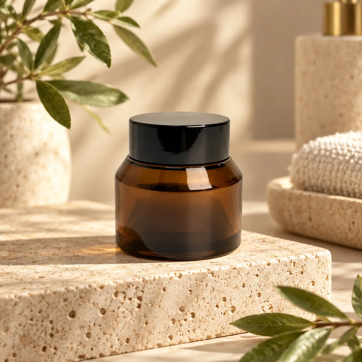 30g Tarro de crema de vidrio ámbar – Escena de envasado de cuidado de la piel Tarro de crema de vidrio ámbar 30g presentado en un entorno de envasado de cuidado de la piel, que ilustra su formato compacto para crema facial y productos cosméticos.