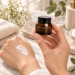 30g amber glass face cream jar presented in a skincare application setting to illustrate its use as a cosmetic cream packaging container.