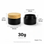 Dimension diagram of the 30g black glass cream jar showing a 46 mm opening diameter, 50 mm bottom diameter, 39 mm overall height with lid, and 36 mm jar height without lid.