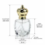 Dimension diagram of the 30ml Crown Diamond perfume bottle showing its 41 × 41 × 103 mm assembled dimensions, 59 mm height without cap, and 147 g weight.