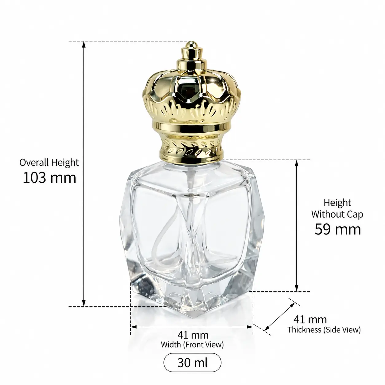 مرجع الأبعاد لزجاجة عطر 30ml Crown Diamond يوضح مساحة 41 × 41 mm، وارتفاع 103 mm بعد التجميع، وارتفاع 59 mm بدون الغطاء، ووزن 147 g.