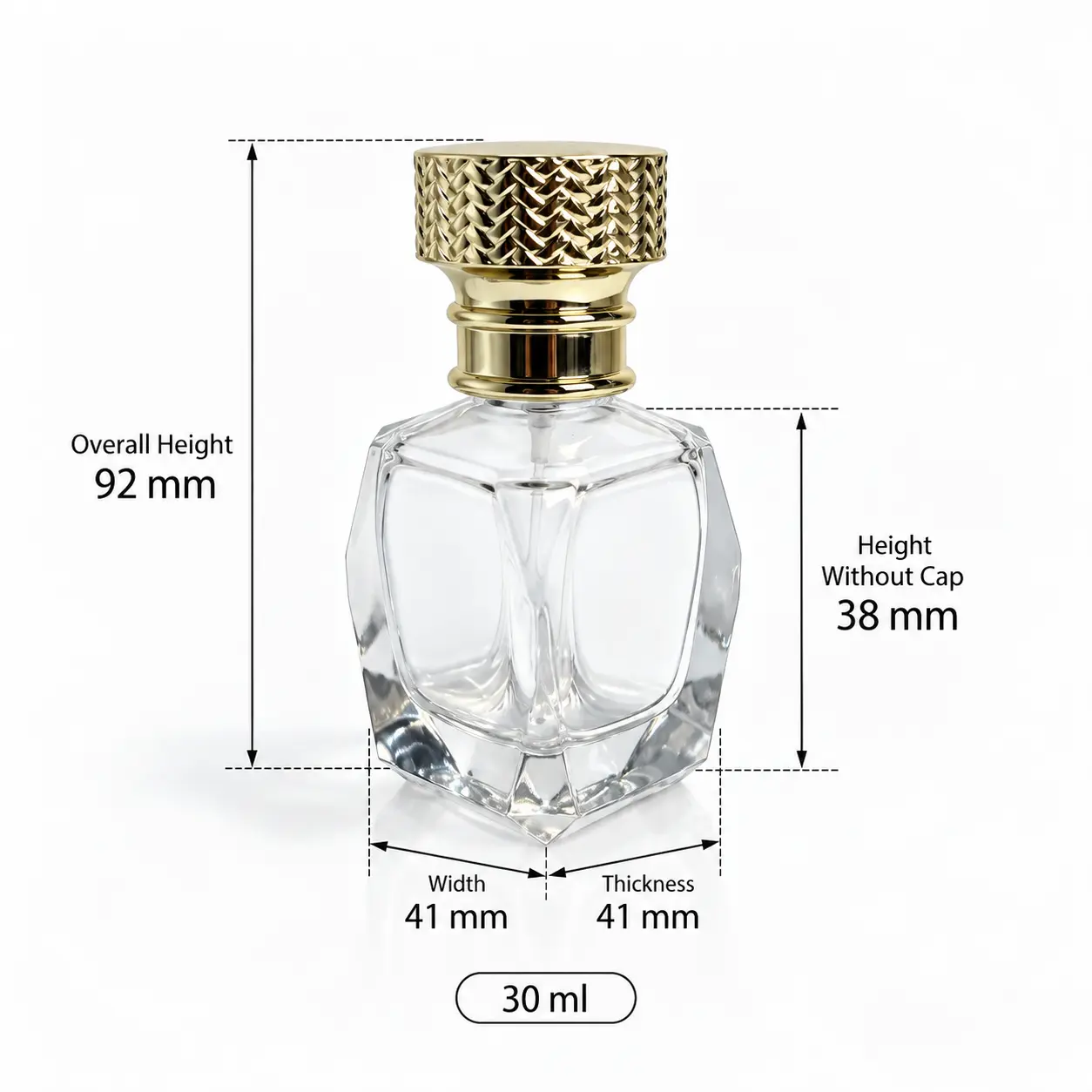 30ml Diamond Cut Glass Perfume Bottle – Dimensions and Capacity Dimension reference for the 30ml diamond cut glass perfume bottle showing its square footprint, assembled height, bottle height without the cap, and capacity.