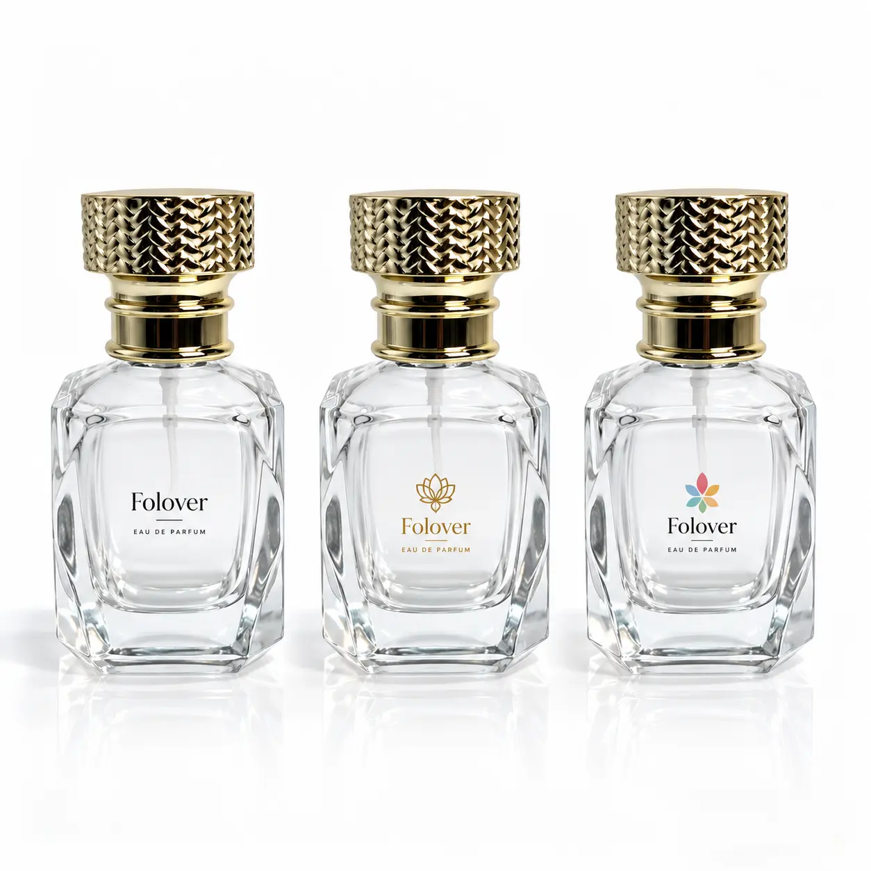 30ml Diamond Cut Perfume Bottle – Custom Logo Printing Reference Custom logo printing reference for the 30ml diamond cut perfume bottle, showing branding concepts on the geometric glass body with its gold decorative cap.