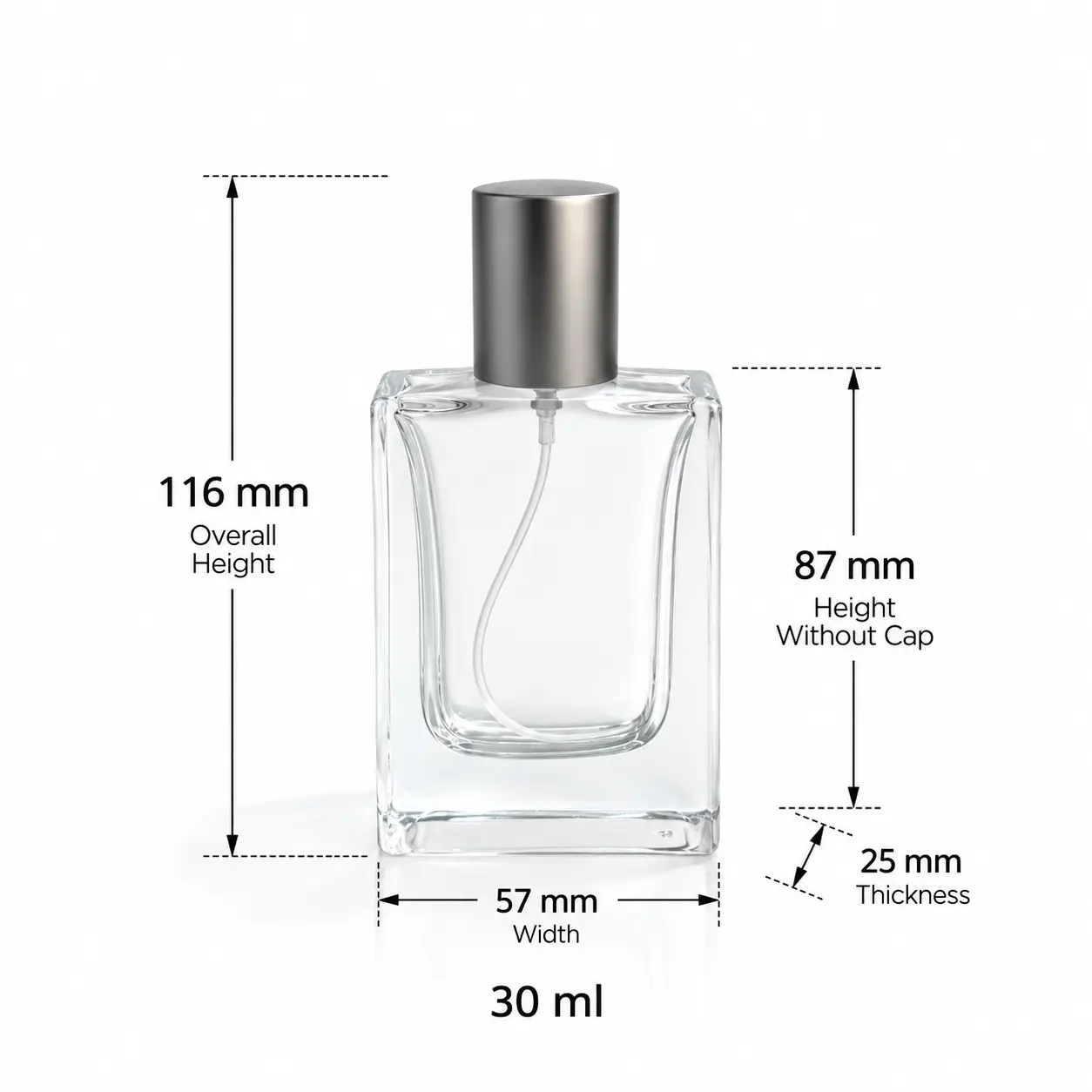 30ml düz dikdörtgen parfüm şişesi ölçü şeması; 57mm genişlik, 25mm derinlik, 116mm toplam yükseklik ve belirtilen 30ml kapasiteyi gösterir.