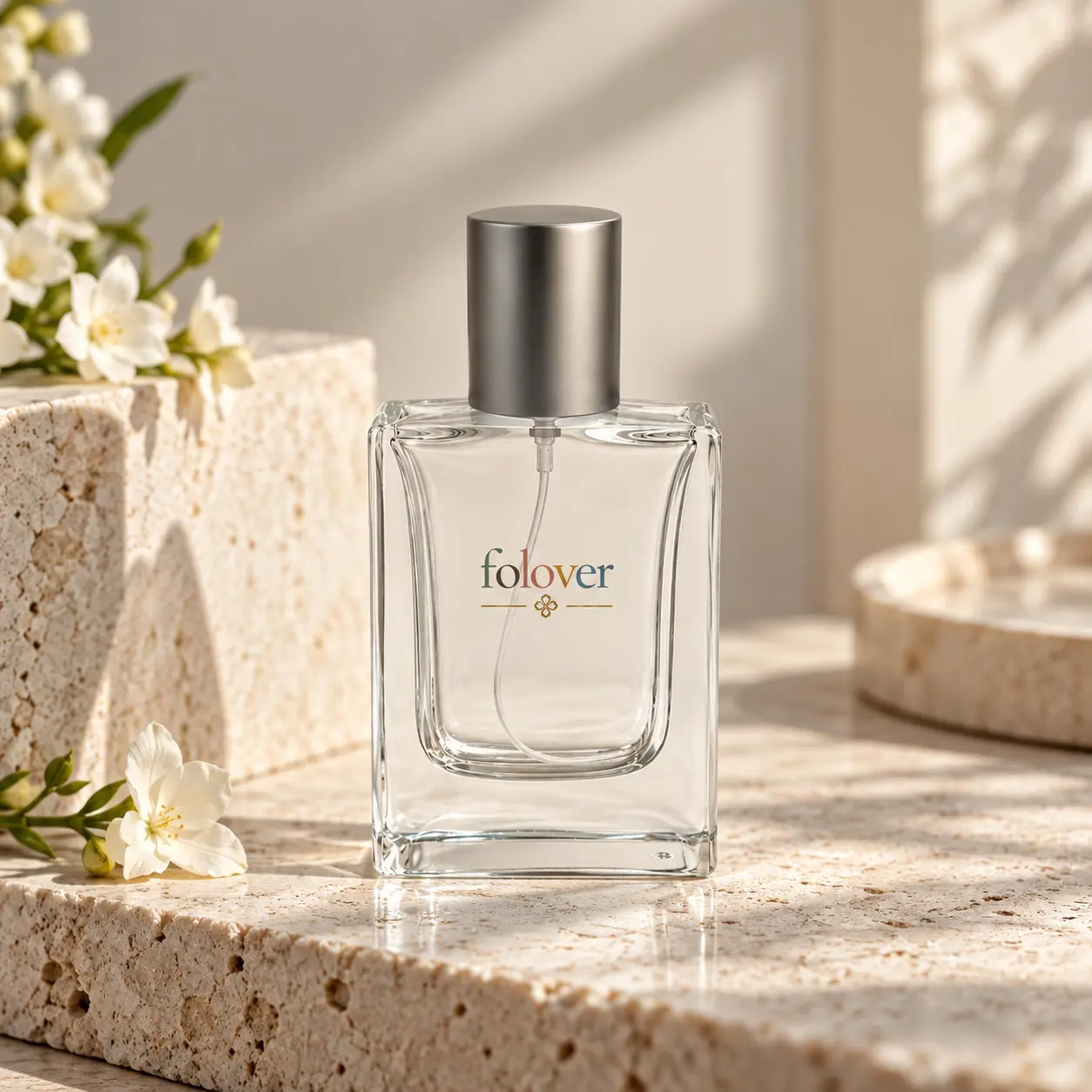 30ml Graphite Minimal dikdörtgen parfüm şişesi, markalı parfüm paketleme için monte edilmiş görünümünü sergileyen bir koku teşhir ortamında sunulmaktadır.
