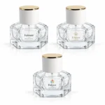 Custom logo printing reference for the 30ml hexagonal glass perfume bottle, illustrating branding options for its faceted body and white cap with gold-colored top.