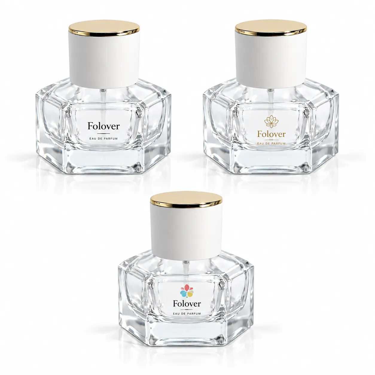 30ml زجاجة عطر زجاجية سداسية – مرجع طباعة الشعار المخصّص مرجع طباعة شعار مخصص لـ 30ml زجاجة عطر زجاجية سداسية يوضح مفاهيم العلامة التجارية لجسمها الهندسي وتوليفة الغطاء الأبيض والذهبي.