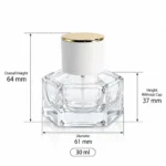 30ml hexagonal glass perfume bottle dimension reference showing a 61 × 61 mm footprint, 64 mm overall height with cap, 37 mm bottle height without cap, and 158 g weight.
