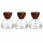 Custom logo printing reference for the 30ml perfume bottle with a hemispherical wooden cap, showing decorative branding options.