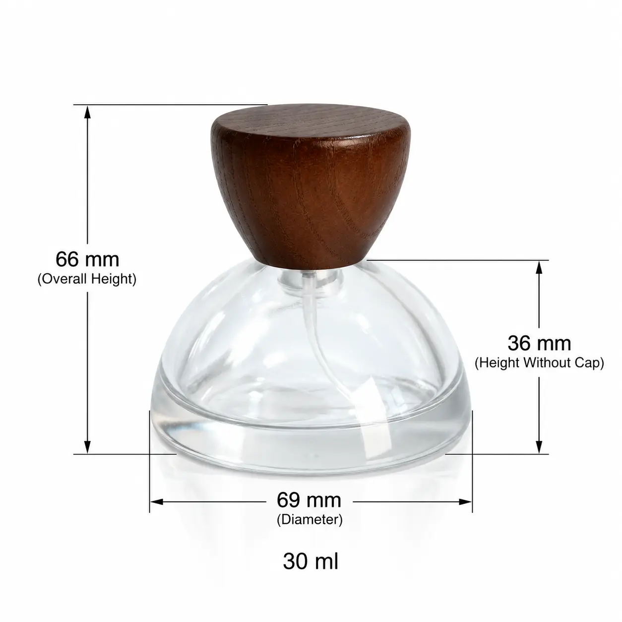 30ml Bottiglia per profumo con tappo in legno - Dimensioni e capacità Schema dimensionale della bottiglia per profumo 30ml che mostra il diametro di 69 mm, l'altezza totale di 66 mm con il tappo in legno e l'altezza di 36 mm senza il tappo.