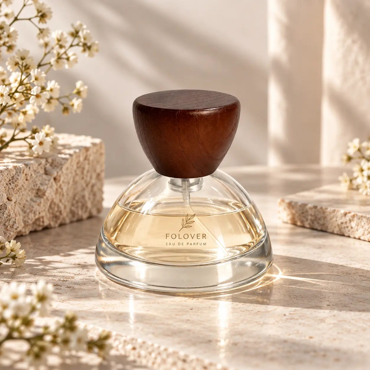 30ml Bottiglia per profumo con tappo in legno - Scena espositiva per fragranze Bottiglia per profumo rotonda 30ml con tappo in legno emisferico presentata in un contesto espositivo per il packaging delle fragranze.