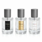Custom logo printing reference for the 30ml ribbed perfume bottle showing proposed branding designs on its vertically textured body.