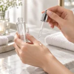 30ml round glass serum bottle presented in a skincare application setting for cosmetic serum packaging
