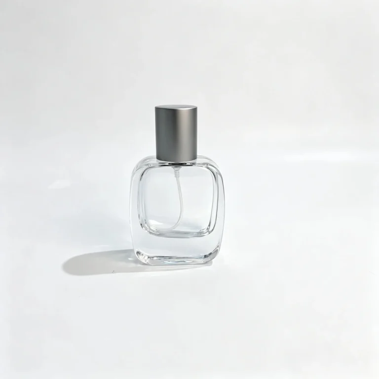 Front view of the 30ml rounded rectangular perfume bottle featuring a flat body, softly rounded corners, and gray straight cap.