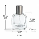 Dimension diagram of the 30ml rounded rectangular perfume bottle showing its 57mm width, 29mm depth, 93mm assembled height, and 63mm bottle height without cap.