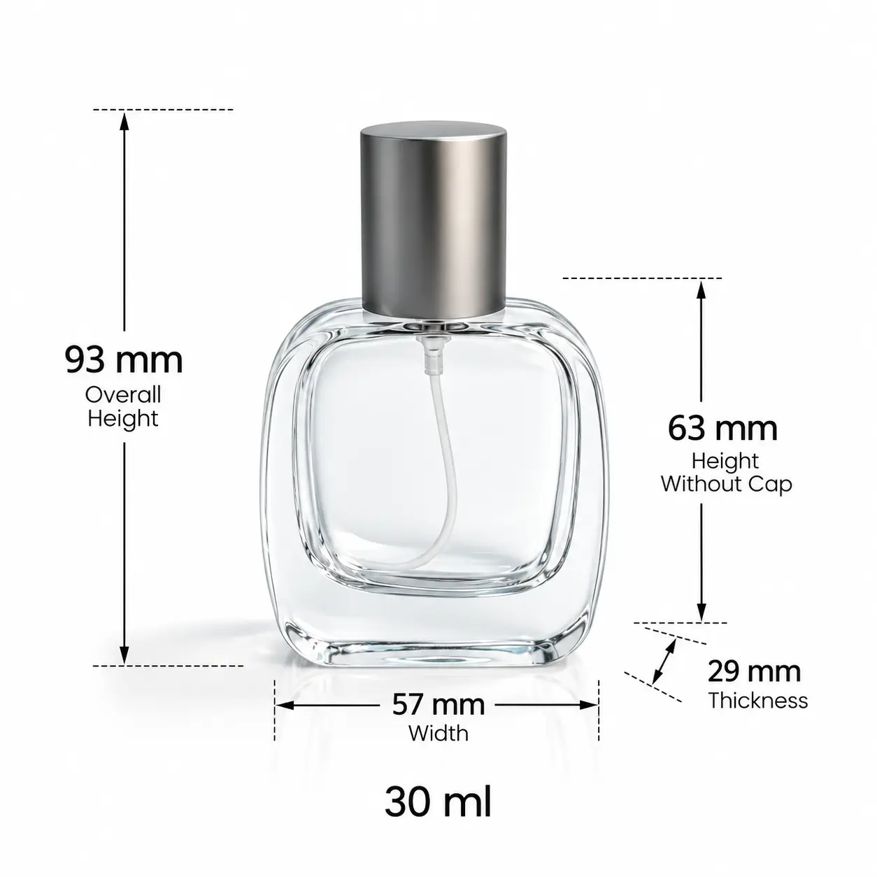 30ml yuvarlatılmış dikdörtgen parfüm şişesinin 57mm genişliğini, 29mm derinliğini, 93mm monte yüksekliğini ve 63mm kapaksız yüksekliğini gösteren boyut şeması.