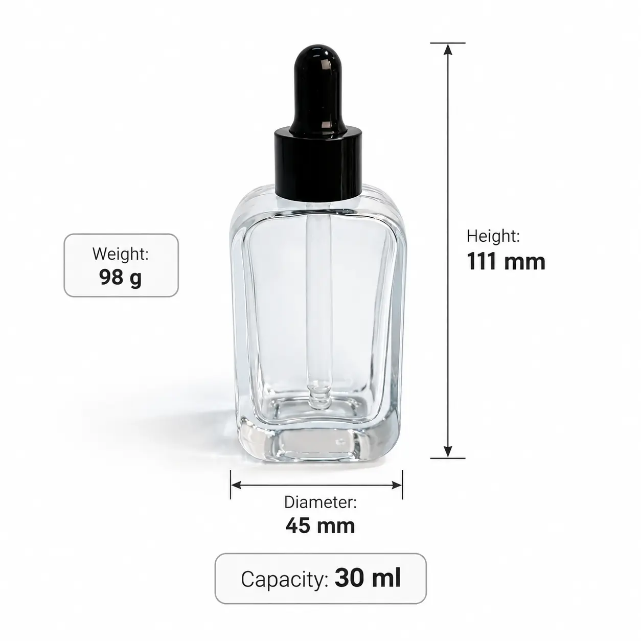 30ml riferimento dimensionale del flacone per siero con diametro di 45 mm, altezza totale di 111 mm e altezza del flacone senza tappo di 72 mm