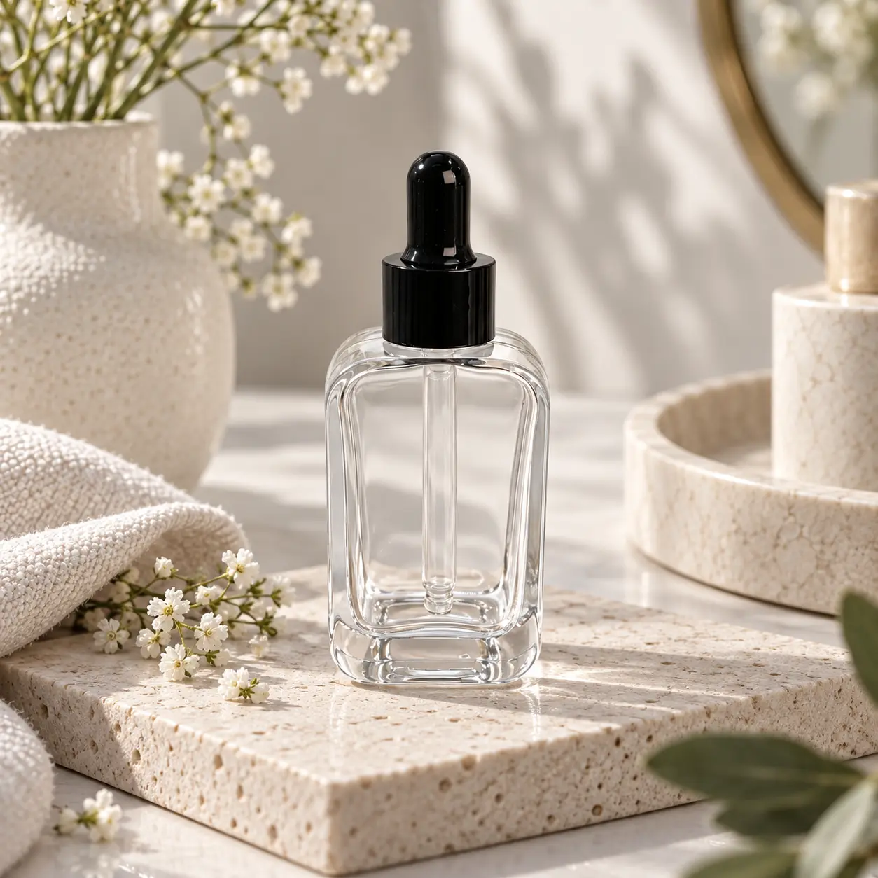 30ml flacone per siero con contagocce presentato in un contesto prodotto curato per il packaging skincare