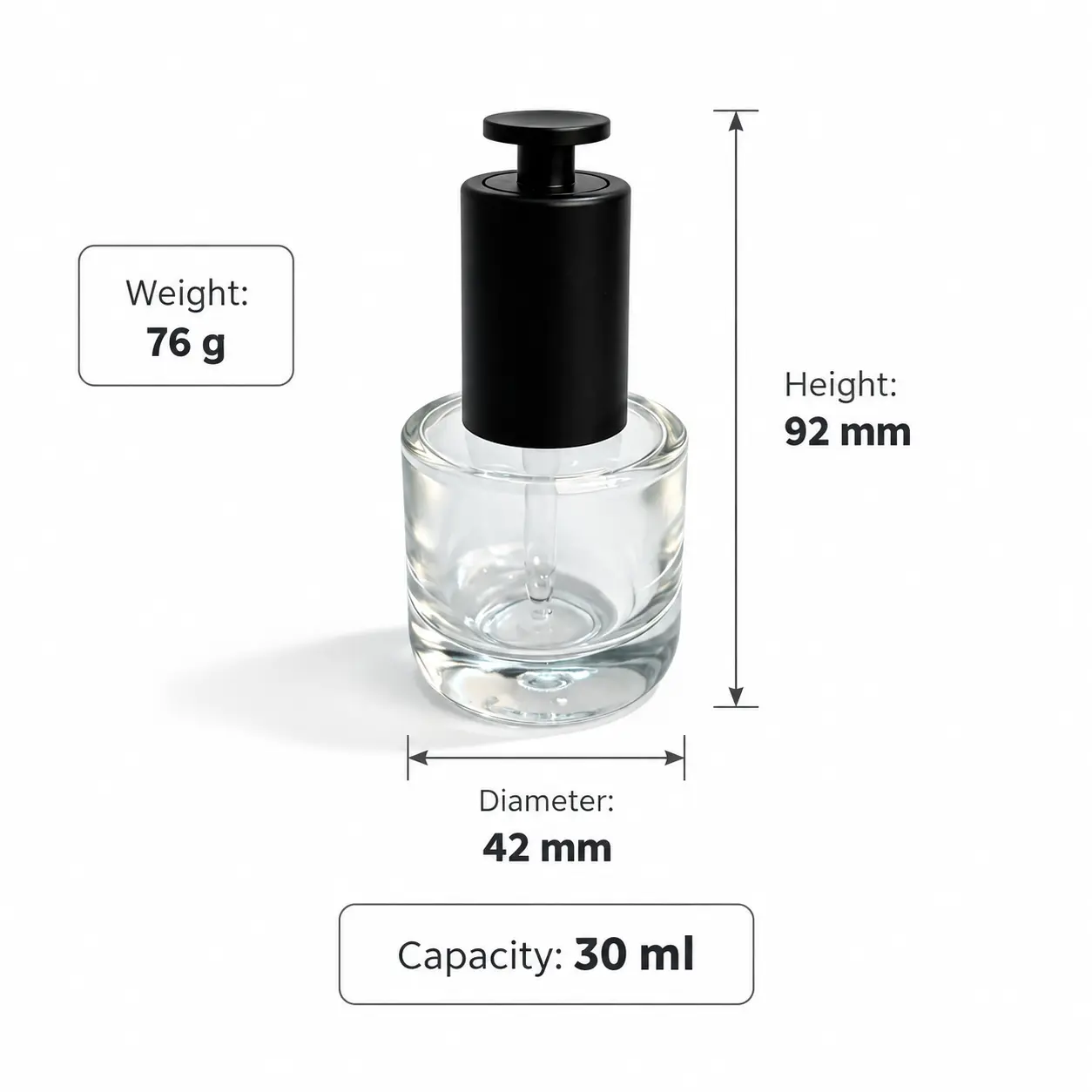 30ml dimensioni della boccetta contagocce per skincare con diametro di 45 mm, altezza totale di 111 mm e altezza della boccetta senza tappo di 72 mm