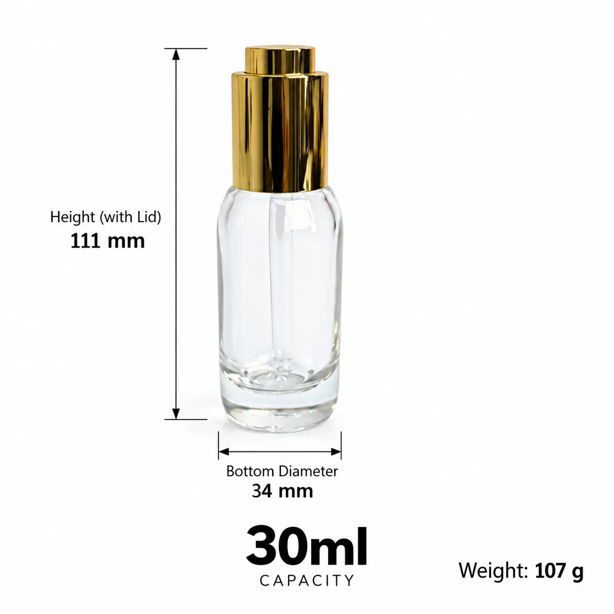Dimensiuni și capacitate ale flaconului slim 30ml pentru ser 30ml referință dimensională pentru sticla slim de serum, care indică un diametru de 34 mm, o înălțime asamblată de 111 mm, o înălțime doar a sticlei de 89 mm și o greutate de 107 g